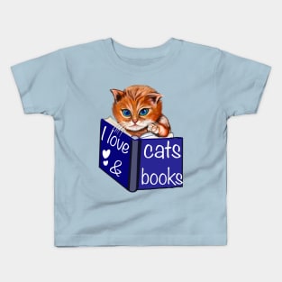 I love cats and books- blue eyed Kitten reading a book. White background. Book Reading themed gifts for lovers of book Kids T-Shirt